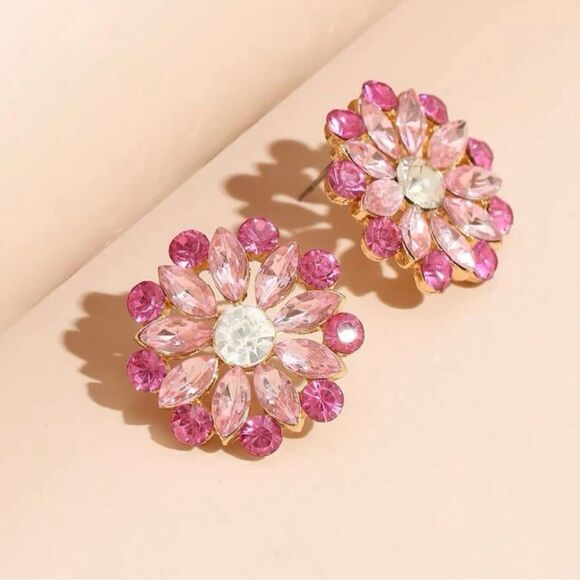 Pink Flower Rhinestone Stud Earrings - Picture 3 of 3